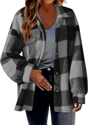 Women Flannel Jackets Shirts Sherpa Fleece Lined Plaid Shacket Trendy Fall Winter Coats Clothes 2024