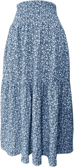 Women Flowy Long Boho Floral Maxi Skirt Elastic High Waist Tiered Pleated Summer Casual Beach Skirt