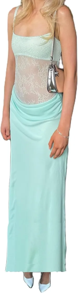 Women Lace Patchwork Long Dress Backless Sleeveless Sheer Lace Cut Out Maxi Dresses for Cocktail Party