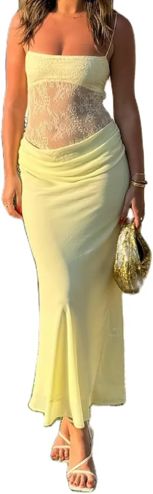 Women Lace Patchwork Long Dress Backless Sleeveless Sheer Lace Cut Out Maxi Dresses for Cocktail Party