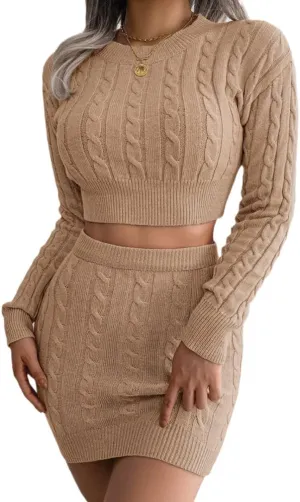 Women Sexy Bodycon Sweater, Mini Skirt Set 2 Piece Cable Knit Pullover Cropped Sweaters Tops Outfit Long Sleeve Jumper