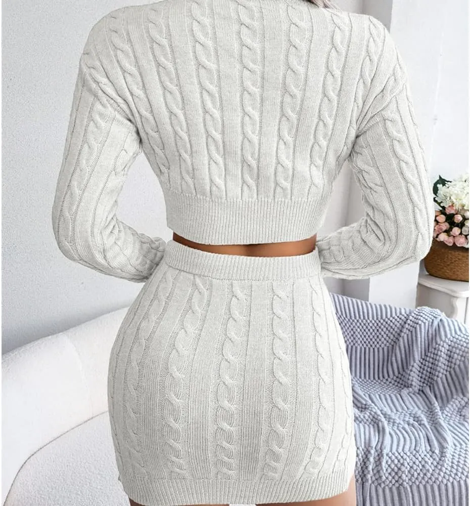 Women Sexy Bodycon Sweater, Mini Skirt Set 2 Piece Cable Knit Pullover Cropped Sweaters Tops Outfit Long Sleeve Jumper