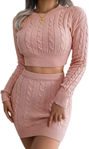 Women Sexy Bodycon Sweater, Mini Skirt Set 2 Piece Cable Knit Pullover Cropped Sweaters Tops Outfit Long Sleeve Jumper