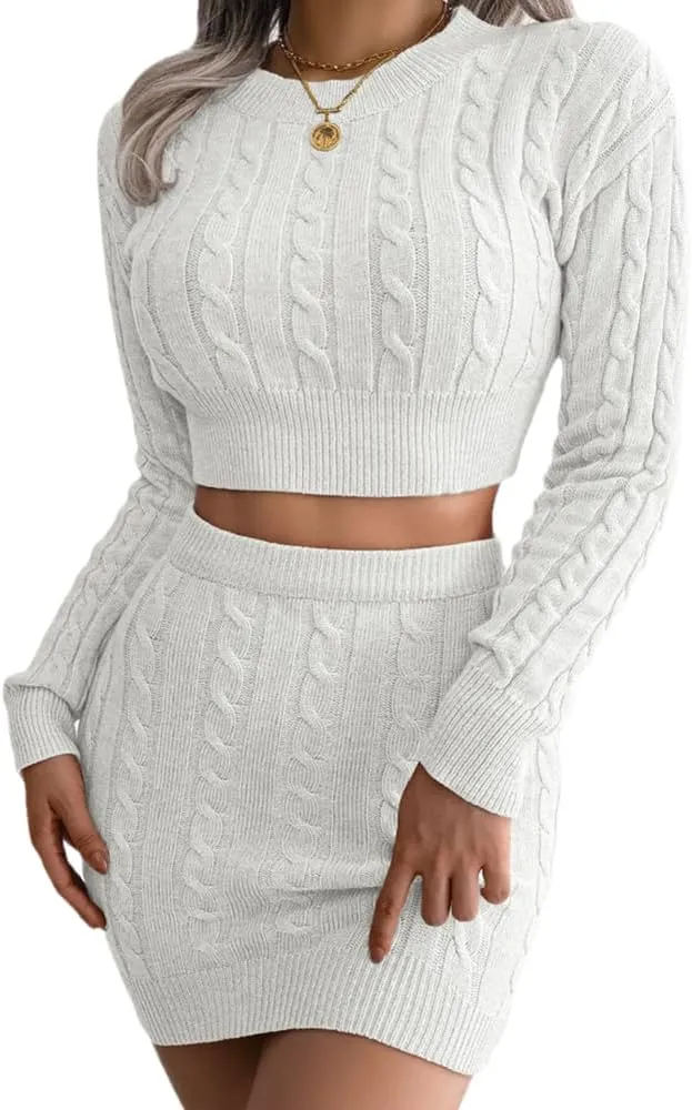Women Sexy Bodycon Sweater, Mini Skirt Set 2 Piece Cable Knit Pullover Cropped Sweaters Tops Outfit Long Sleeve Jumper