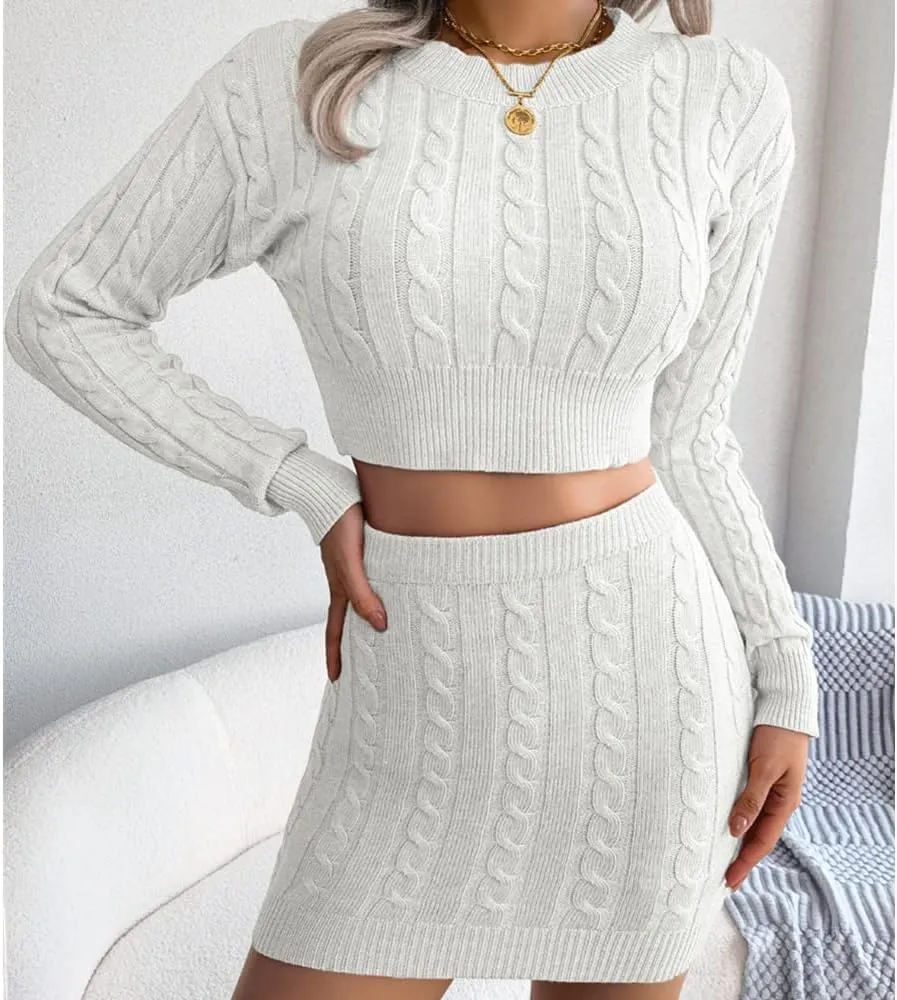 Women Sexy Bodycon Sweater, Mini Skirt Set 2 Piece Cable Knit Pullover Cropped Sweaters Tops Outfit Long Sleeve Jumper