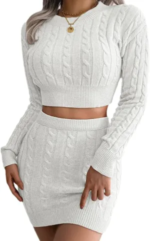 Women Sexy Bodycon Sweater, Mini Skirt Set 2 Piece Cable Knit Pullover Cropped Sweaters Tops Outfit Long Sleeve Jumper