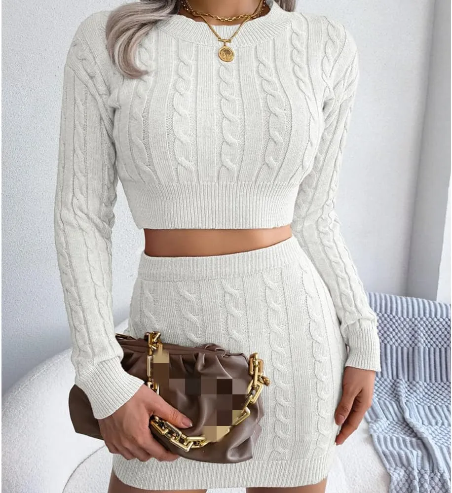 Women Sexy Bodycon Sweater, Mini Skirt Set 2 Piece Cable Knit Pullover Cropped Sweaters Tops Outfit Long Sleeve Jumper