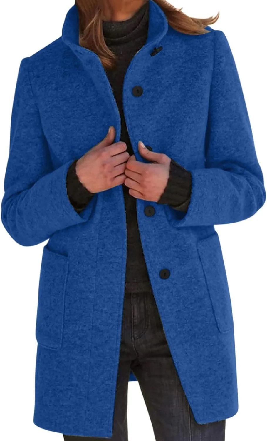 Women Winter Long Pea Coat Thicken Warm Woolen Overcoat Slim Fit Stand Collar Button Down Trench Jackets with Pockets
