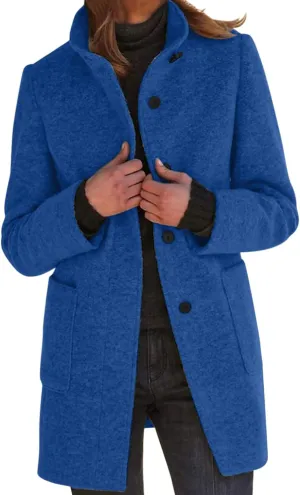 Women Winter Long Pea Coat Thicken Warm Woolen Overcoat Slim Fit Stand Collar Button Down Trench Jackets with Pockets