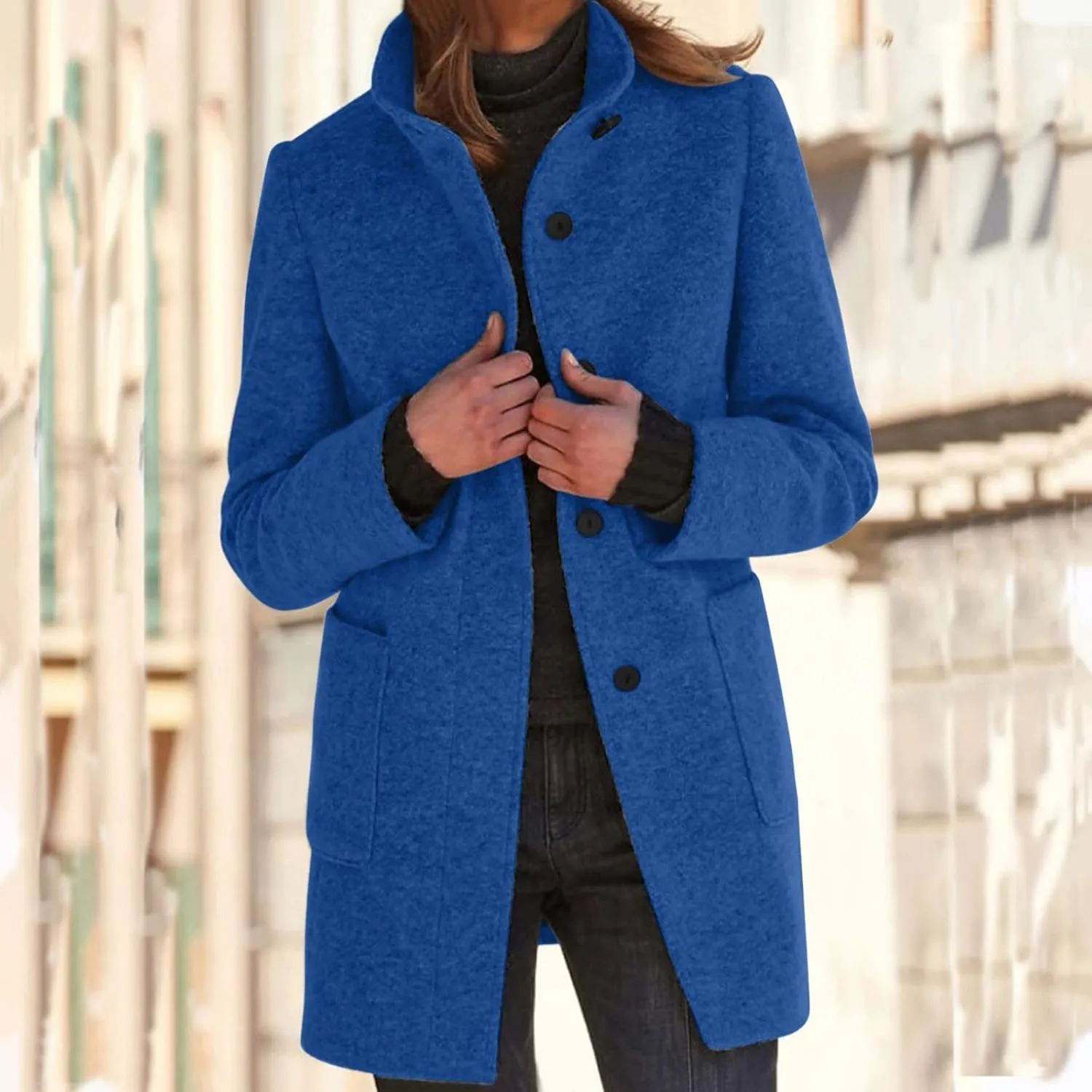 Women Winter Long Pea Coat Thicken Warm Woolen Overcoat Slim Fit Stand Collar Button Down Trench Jackets with Pockets