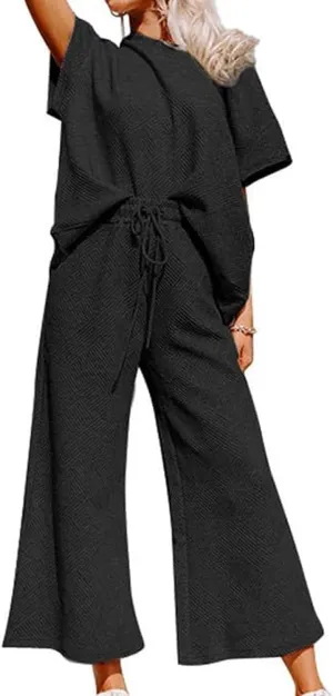 Women's 2 Piece Outfits Casual Short Sleeve Tops Matching Wide Leg Pants Sets Texture Sweatsuit Lounge Set