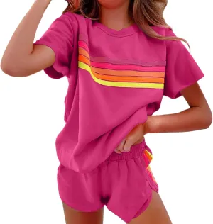 Womens 2 Piece Short Sets Casual Rainbow Striped Crewneck Short Sleeve Tops Elastic Shorts Outfits Lounge Tracksuits
