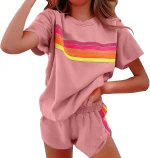 Womens 2 Piece Short Sets Casual Rainbow Striped Crewneck Short Sleeve Tops Elastic Shorts Outfits Lounge Tracksuits