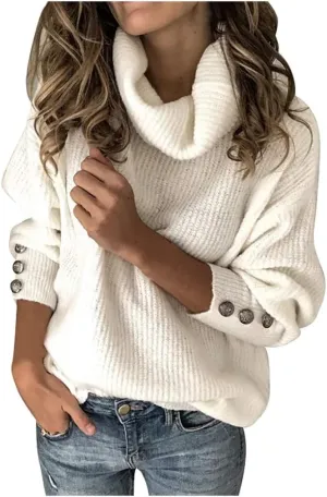 Womens 2023 Fall Turtleneck Oversized Pullover Sweaters Long Sleeves High Neck Ribbed Knit Sweater Cable Knit Jumper