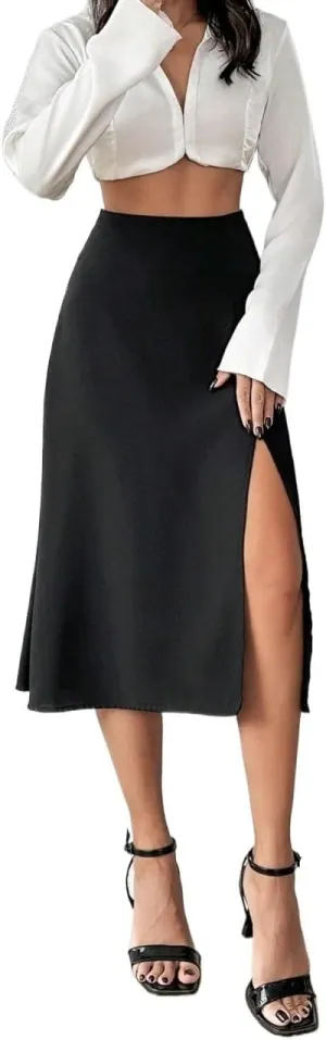 Women's 2025 Casual Maxi Long Skirts Solid Color High Slit Elegant Skirt