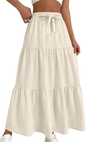 Womens Boho Elastic High Waist Skirt Casual A-Line Flowy Maxi Skirts Fashion Trendy Long Skirt Beach Dress