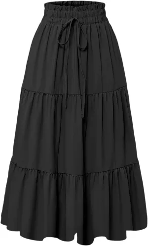 Womens Boho Skirt Cute Vacation Pleated Beach Smocked Business Trendy Peasant Elastic Waist Summer Skirts for Women
