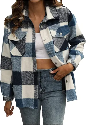 Womens Brushed Flannel Shirts Jackets Button Down Plaid Short Pocketed Shackets Coats Boyfriend Oversized Blouses Blue