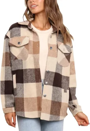 Womens Brushed Flannel Shirts Jackets Button Down Plaid Short Pocketed Shackets Coats Boyfriend Oversized Blouses Coffee