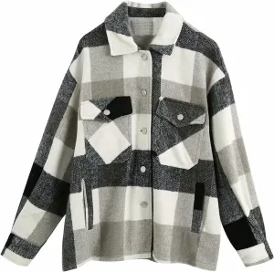 Womens Brushed Flannel Shirts Jackets Button Down Plaid Short Pocketed Shackets Coats Boyfriend Oversized Blouses Gray