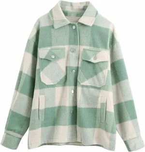 Womens Brushed Flannel Shirts Jackets Button Down Plaid Short Pocketed Shackets Coats Boyfriend Oversized Blouses Green