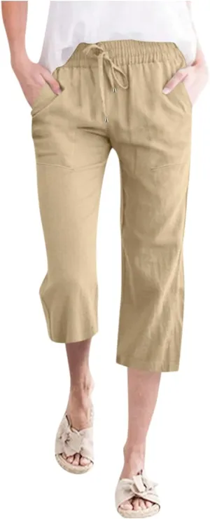 Women's Capri Summer Cotton Linen Pants Casual 2025 Loose Elastic Waisted Cropped Trousers with Pockets