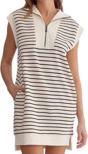 Women’s Casual Fall Dress V Neck Loose Cap Sleeve Knitted Striped Mini Dresses