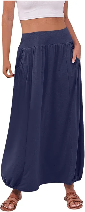 Womens Casual Maxi Skirts Trendy Elastic Waist Loose Long Skirt with Pocket Summer Solid Beach Vacation Outfits 2025