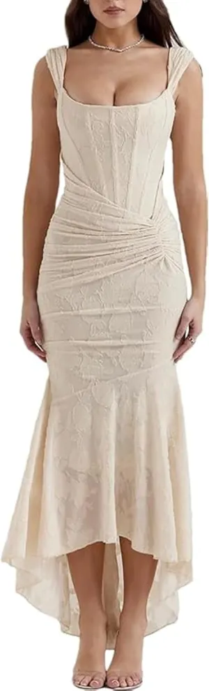 Women's Corset Dress Sexy Backless Square Neck Dress Sleeveless Fishtail Maxi Lace Dress Ruched Wrap HIPS Lace Dresses