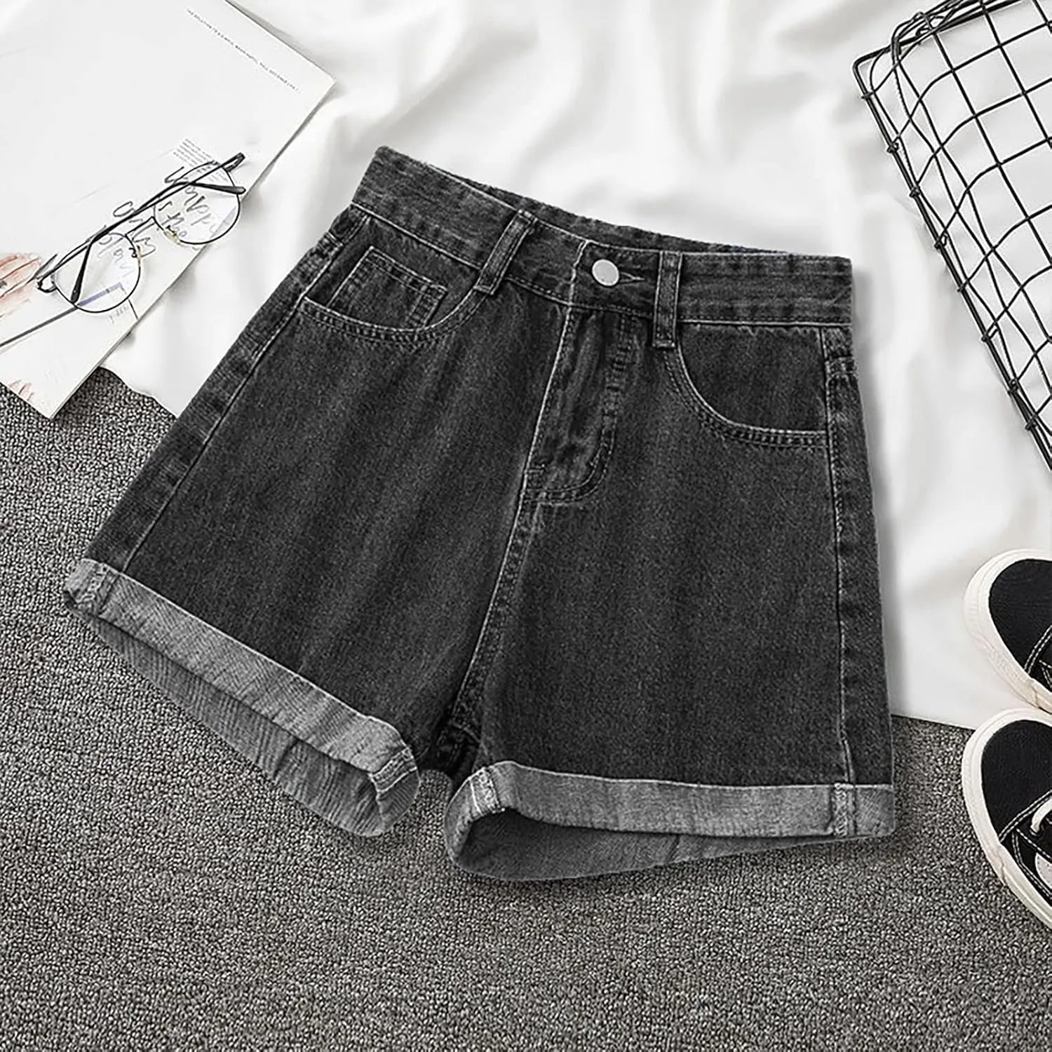 Women's Denim Shorts High Waisted Button Casual Soft Loose with Folded Hem Stretchy Trendy Jeans Shorts