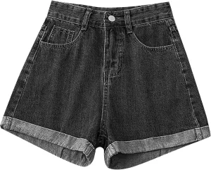 Women's Denim Shorts High Waisted Button Casual Soft Loose with Folded Hem Stretchy Trendy Jeans Shorts