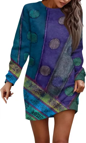 Women's Fall Sweaters Dress 2024 Long Sleeve Dress Casual Flower Print Pullover Hip Pack Dress Sweater Dress