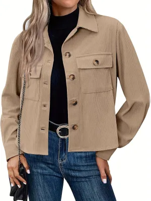 Women's Fashion Cropped Shacket Button Down Corduroy Shacket Jackets Casual Long Sleeve Fall Jackets Tops 2024