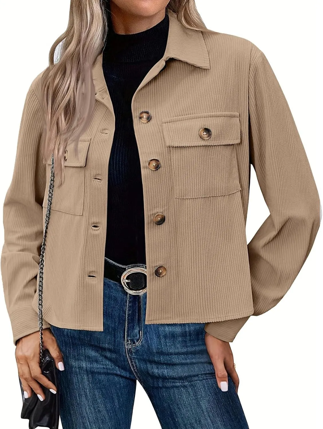 Women's Fashion Cropped Shacket Button Down Corduroy Shacket Jackets Casual Long Sleeve Fall Jackets Tops 2024