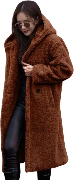 Womens Faux Fur Coat Winter Fuzzy Fleece Hooded Jacket Casual Loose Warm Button Down Sherpa Overcoat
