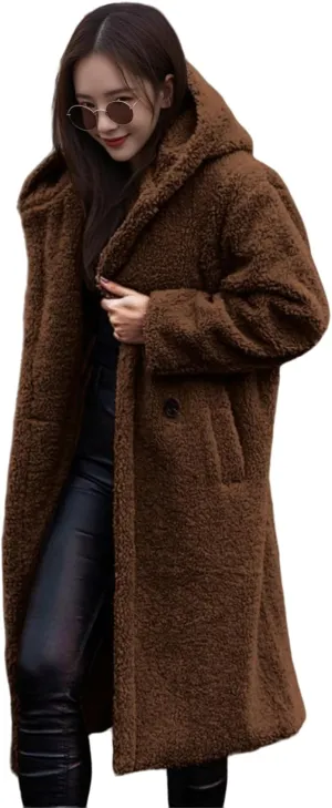Womens Faux Fur Coat Winter Fuzzy Fleece Hooded Jacket Casual Loose Warm Button Down Sherpa Overcoat