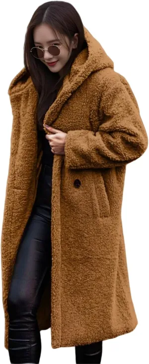 Womens Faux Fur Coat Winter Fuzzy Fleece Hooded Jacket Casual Loose Warm Button Down Sherpa Overcoat