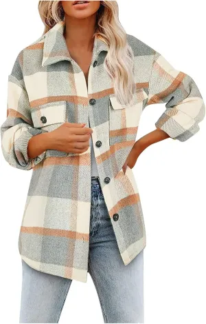 Women's Flannel Plaid Shacket Jackets Long Sleeve Button Down Shirts Jacket Coats Fall Winter Outfits for Women 2024