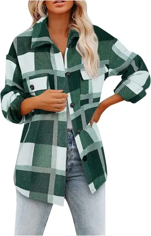 Women's Flannel Plaid Shacket Jackets Long Sleeve Button Down Shirts Jacket Coats Fall Winter Outfits for Women 2024