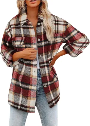 Women's Flannel Plaid Shacket Jackets Long Sleeve Button Down Shirts Jacket Coats Fall Winter Outfits for Women 2024