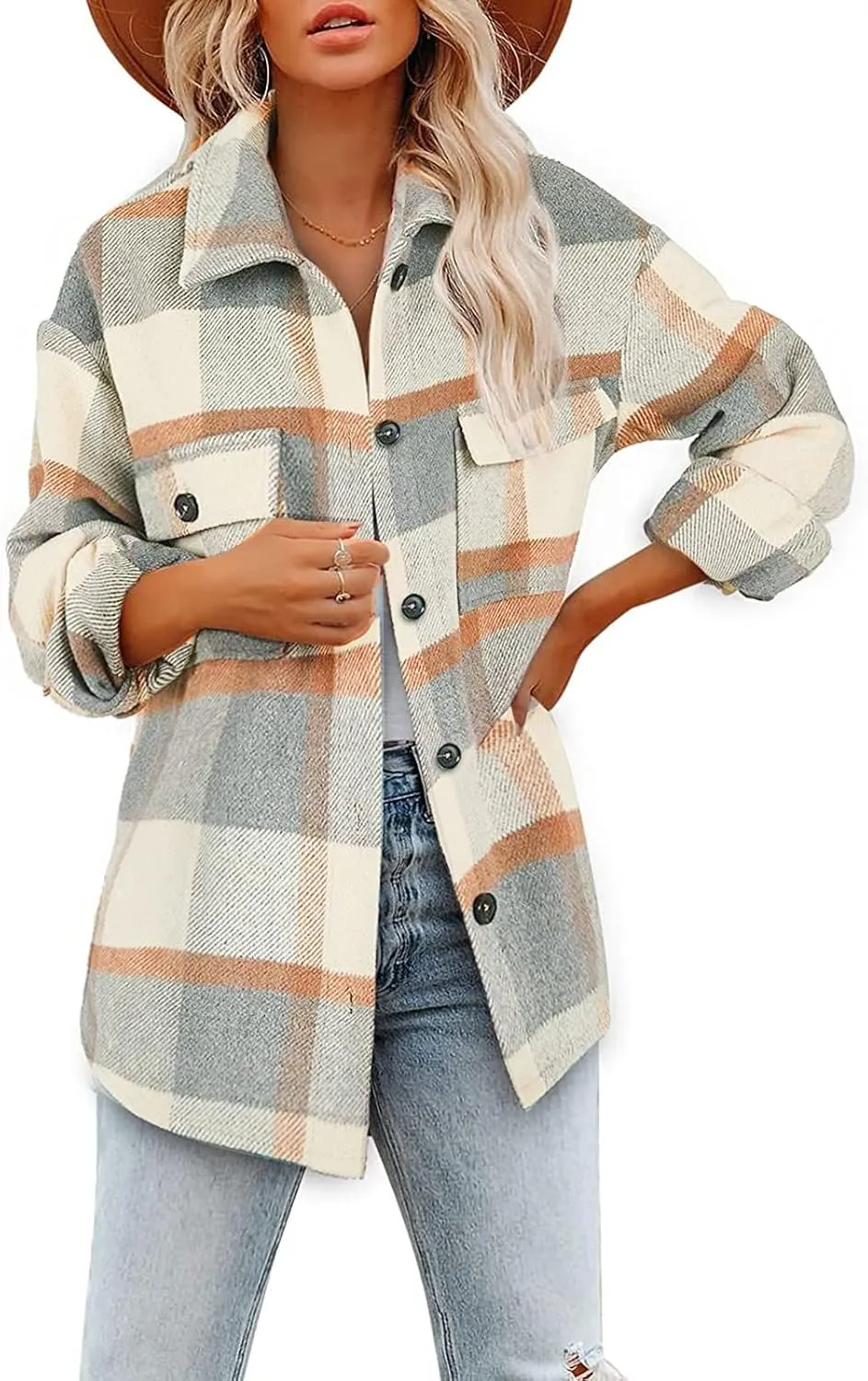Women's Flannel Plaid Shacket Jackets Long Sleeve Button Down Shirts Jacket Coats Fall Winter Outfits for Women 2024