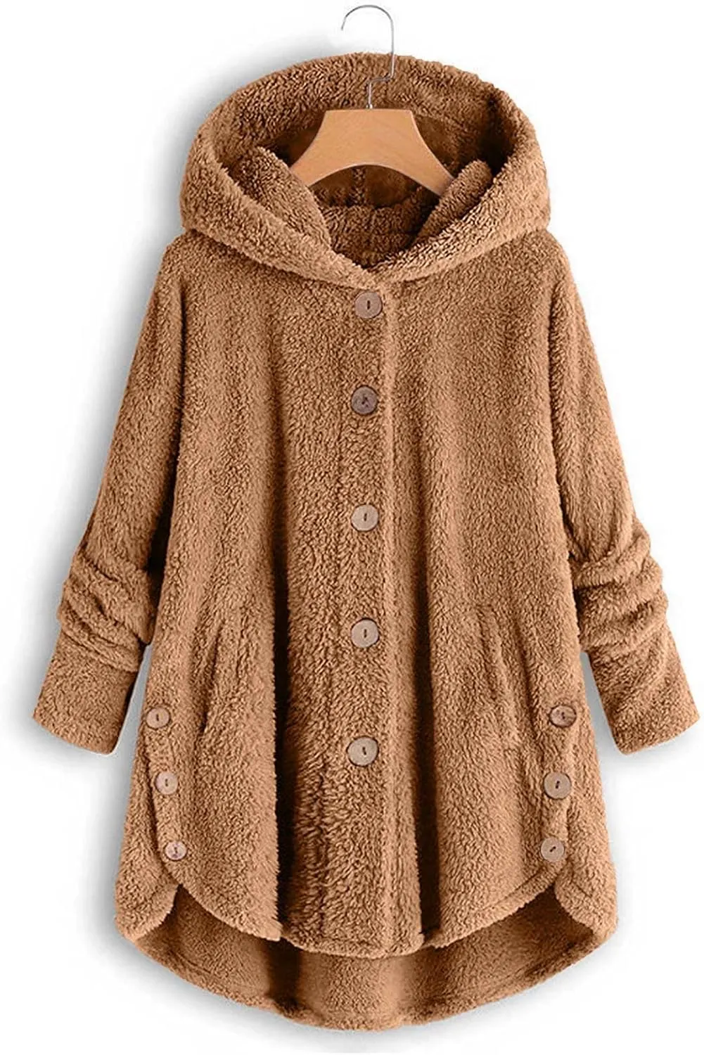 Womens Fleece Jackets Oversized Hooded Sherpa Coat Button Open Front Fuzzy Cardigan Jacket Winter Plus Size Outwear