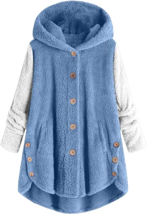 Womens Fleece Jackets Oversized Hooded Sherpa Coat Button Open Front Fuzzy Cardigan Jacket Winter Plus Size Outwear