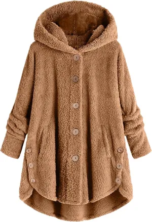 Womens Fleece Jackets Oversized Hooded Sherpa Coat Button Open Front Fuzzy Cardigan Jacket Winter Plus Size Outwear