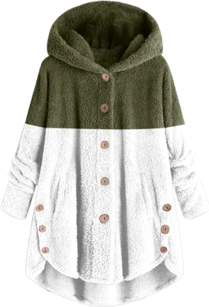 Womens Fleece Jackets Oversized Hooded Sherpa Coat Button Open Front Fuzzy Cardigan Jacket Winter Plus Size Outwear