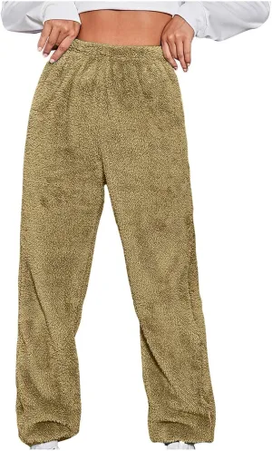 Womens Fleece Pajama Pant Fuzzy Warm Sleep Bottoms Plush Solid Elastic Waist Sleepwear Loungewear with Pockets