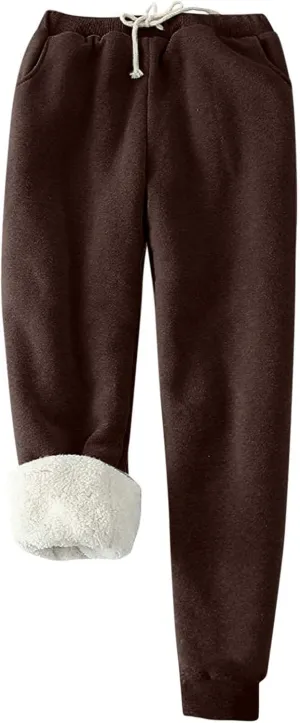 Womens Fleece Sweatpants Sherpa Lined Winter Warm Athletic Jogger Pants Plush Cozy Thermal Leggings with Pockets