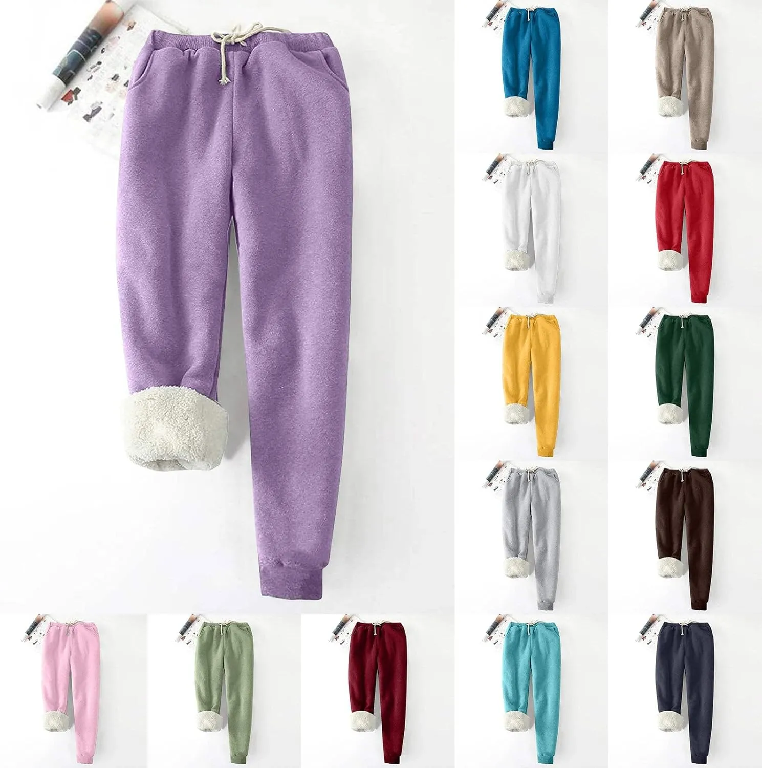 Womens Fleece Sweatpants Sherpa Lined Winter Warm Athletic Jogger Pants Plush Cozy Thermal Leggings with Pockets