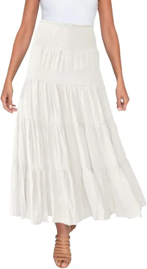 Womens Floral Boho Maxi Skirt Elastic High Waist Tiered Pleated Flowy Long Summer Casual Beach Skirt