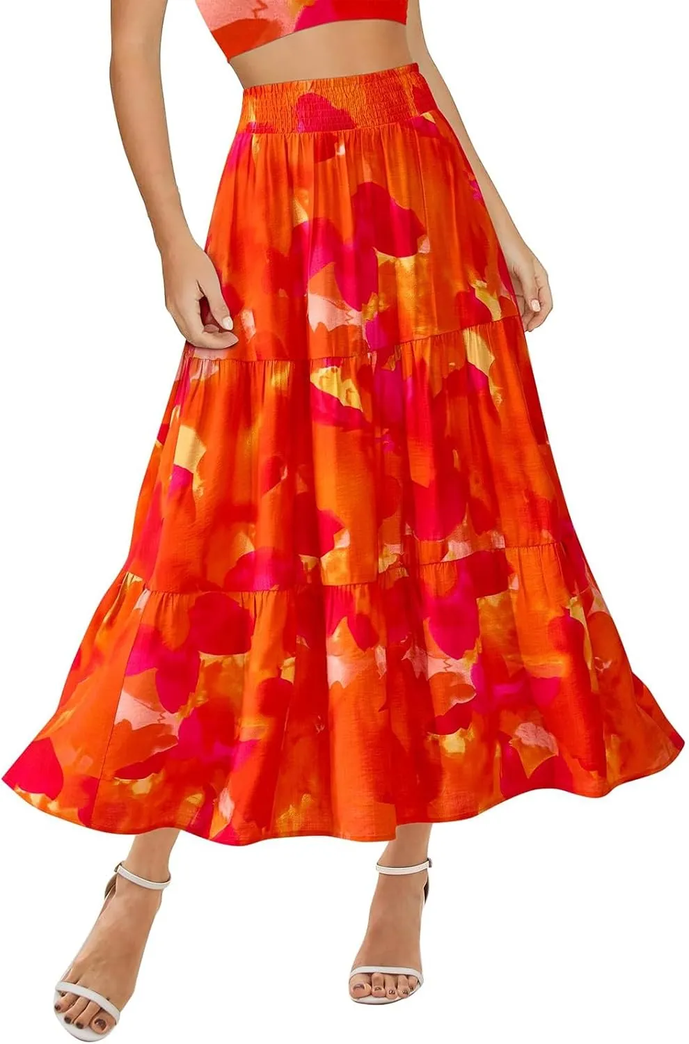 Womens Floral Maxi Skirt Boho High Waisted Tiered Long Skirt Flowy Summer Vacation A Line Beach Skirts Beach Outfits